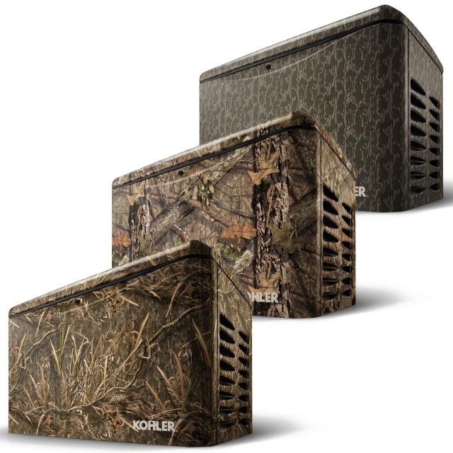 Kohler generators in camouflage finishes — Mossy Oak and realtree patterns